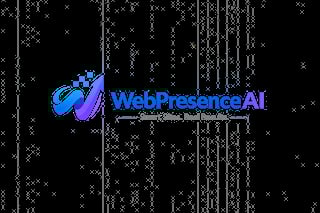 WebPresenceAI logo with blue and purple gradient design on black background with digital matrix pattern