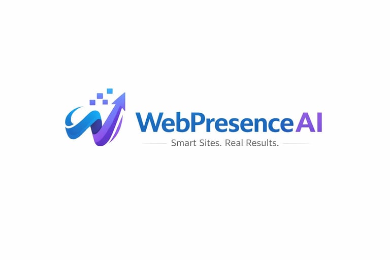 WebPresence AI logo with tagline Smart Sites. Real Results. featuring blue and purple wave design
